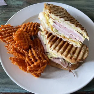 Anson Cubano sandwich, sweet potato waffle fries