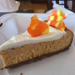 Pumpkin cheesecake with melted candy corn crisps
