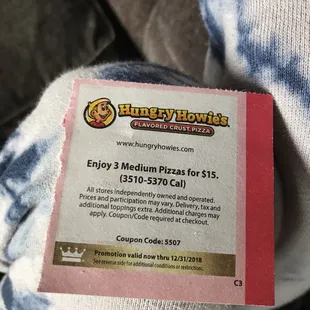 Using s competitors coupon to feed 8 people tonite. 3 medium pizzas for $15.