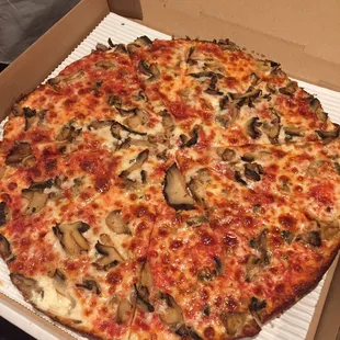 Large thin crust with mushrooms. Holy delicious!!!