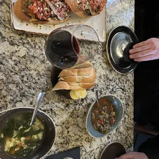 Wedding soup (Luke warm) vegetable and rice (Luke warm)  bruschetta (not an ounce of flavor)