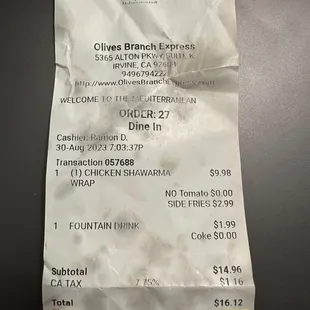 My receipt with 15% tip given upfront to receive food after 40 mins