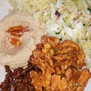 Chicken and beef shawarma, hummus, rice