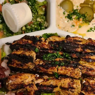 Chicken kabob (with extra kabobs) with a  1/2 salad &amp;  1/2 rice plate. My favorite!  Plate - Chicken Kebab Plate - Chicken Kebab