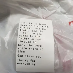 Message on delivery bag.