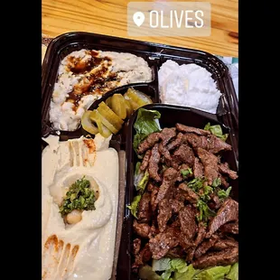 Babaganush, hummus, garlic sauce, beef