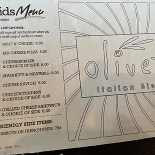 Kids menu