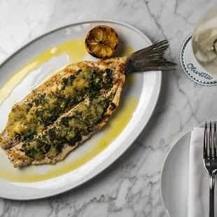 Grilled Branzino w/green herbs and lemon conserva