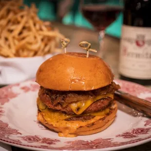 Vegan Double-Double Burger &quot;No Animal Style&quot; w/ plant-based patties, vegan cheese, caramelized onions, aioli and a side of frites