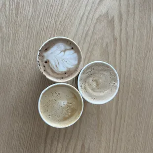 Pistachio Chai Latte, White Chocolate Mocha, Caffé Latte with almond milk