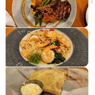 The pork chop on top, shrimp scampi in the middle and the pineapple bread with butter