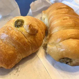 Croissant sausage, cheese, jalapeño and Boudin kolache