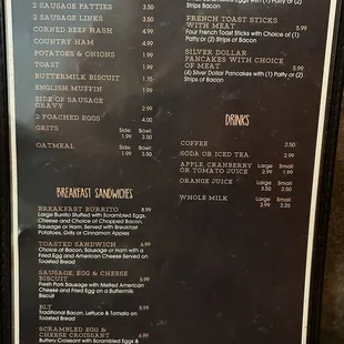 Back of breakfast menu