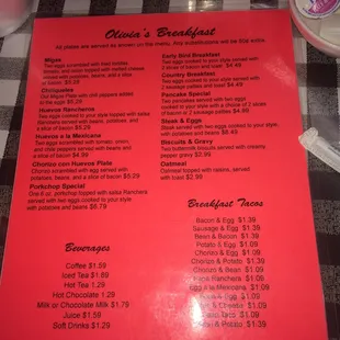 Olivia's menu