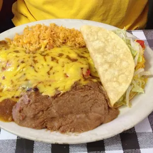 #3-Two enchiladas and a crispy taco with rice and beans.