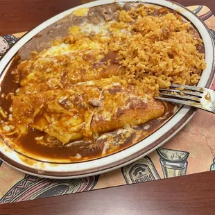 Two cheese enchiladas rice and beans, lunch portion