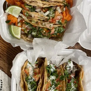 Fish tacos &amp; steak tacos with sour cream.