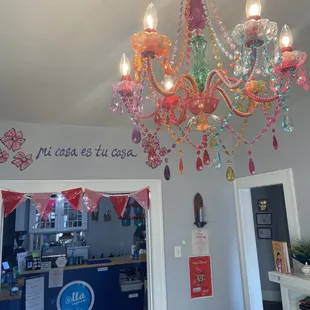 a colorful chandelier hanging from the ceiling