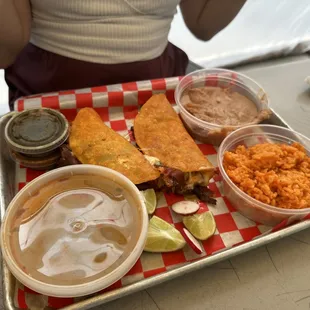 Barria tacos with rice and beans