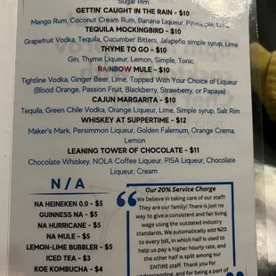 Cocktail menu