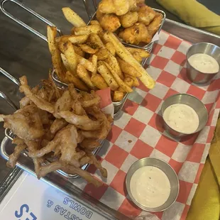 Cheese curds, Ollie fries, onion hay