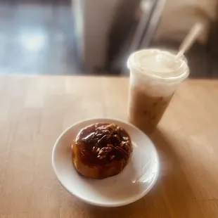 White Mocha latte  Espresso Pecan Sticky Bun