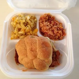 Pulled Pork Sandwich, Mac &amp; Cheese, Rice &amp; Red Beans
