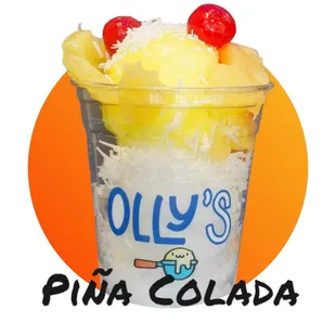 Pineapple and Coconut Italian Ice topped with Pineapple, Coconut &amp; 2 cherries.