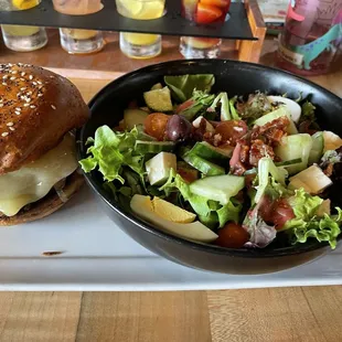 Classic burger and greek salad