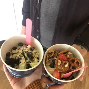 Vegan frozen almond yogurt and vegan frozen apple sorbet with fresh toppings !!