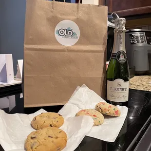Olo Cookies, Chocolate Chip Cookies, and a bottle of bubbly!