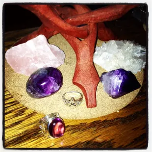 I found the rose quartz, 5-point amethyst piece, and quartz crystal cluster at Ology :-)