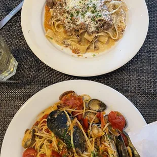 Spaghetti Alla Pescatora (bottom) Wild boar bolognese (top)   Make sure you bring your own drink (no cork fee)