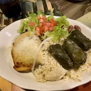Moussaka and dolmadas plate