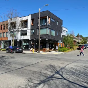 a person walking across the street