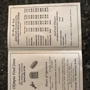 the menu for the restaurant
