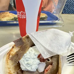 Gyro (with everything, e.g., tzatziki, onions, tomatoes) and pillowy pita bread