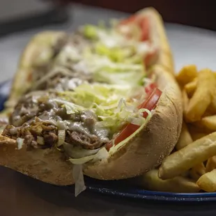 a sandwich and french fries on a plate