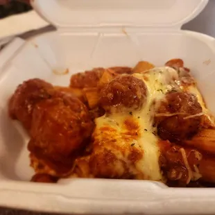 Rigatoni with meatballs oven baked already boxes up since i forgot a great photo.   But it&apos;s still amazing to eat.