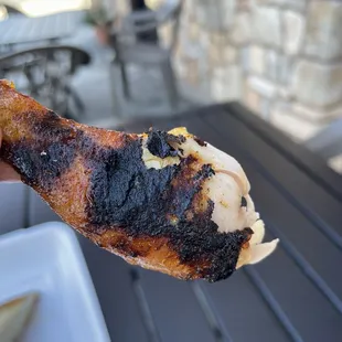 a hand holding a piece of chicken
