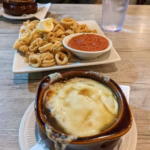 Calamari and French onion soup