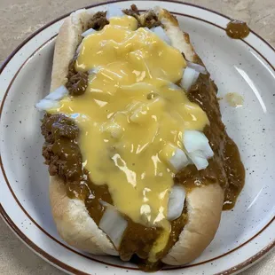 Olympic Coney Combo (Chili, Mustard, Onions, Ground Beef, and Cheese)!