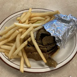 Gyro Sandwich (With Extra Meat) and French Fries. Loaded With Meat! Excellent!