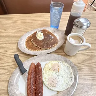 Smoked sausage, eggs 2 pancakes breakfast