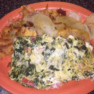 Spinach omelette and home fries