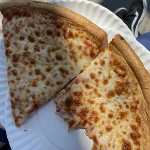 two slices of cheese pizza on a paper plate