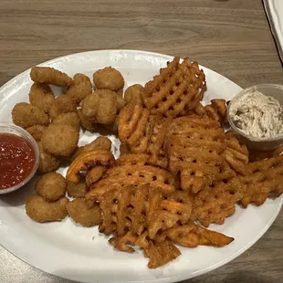 Shrimp dinner with sweet potato fries