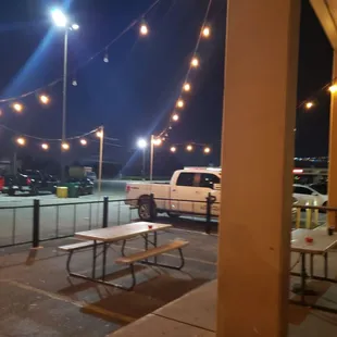 a view of a parking lot at night