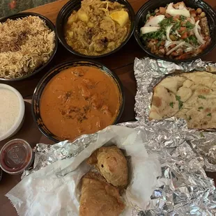 Lamb Biryani, Alu Gobi, Papri Chaat, Butter Chicken, Garlic Naan, Vegetable Samosa