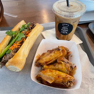 Bulgogi Banh mi, spicy tamarind wings, espresso brown sugar with oat milk